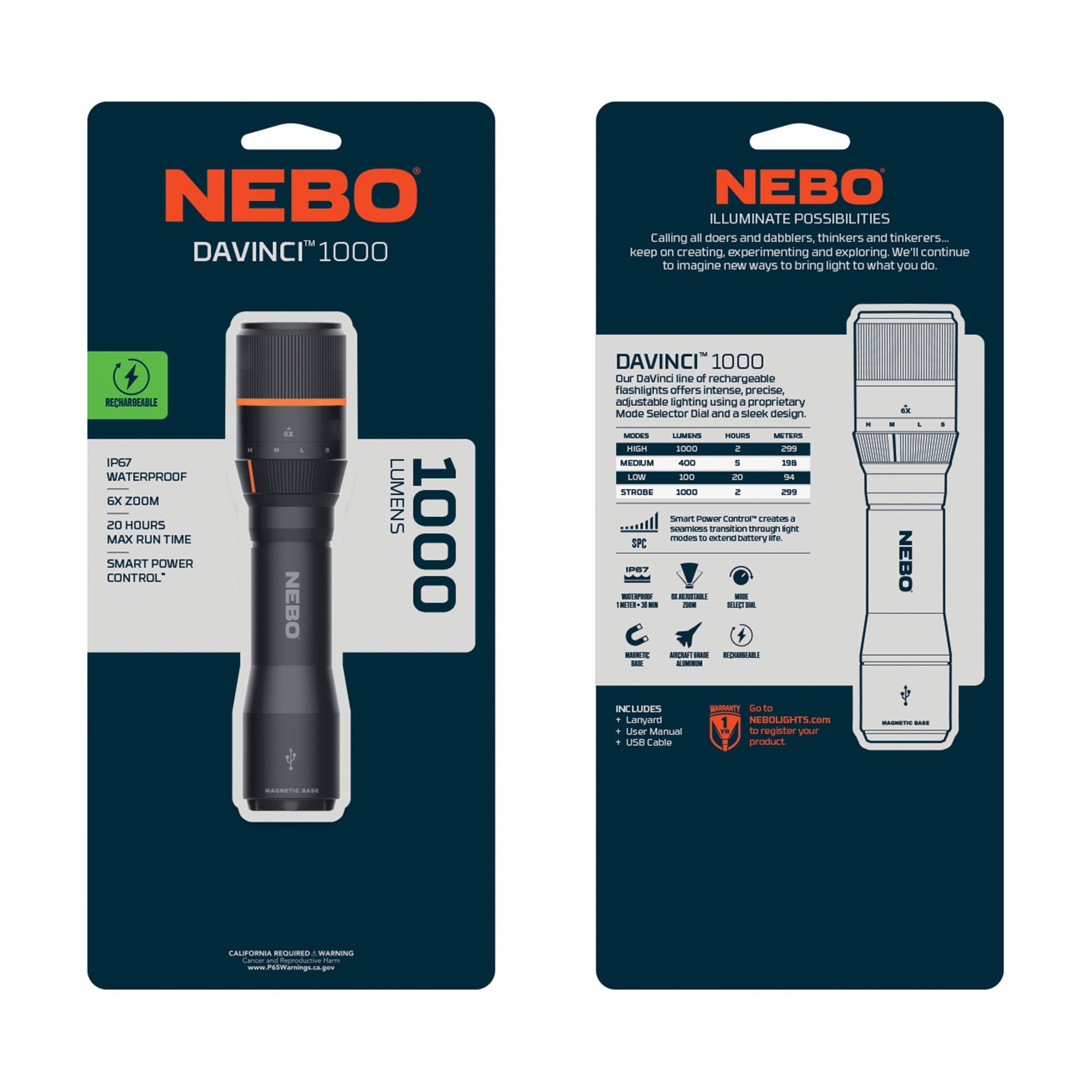 DAVINCI 1000 Lumen Handheld Flashlight Rechargeable